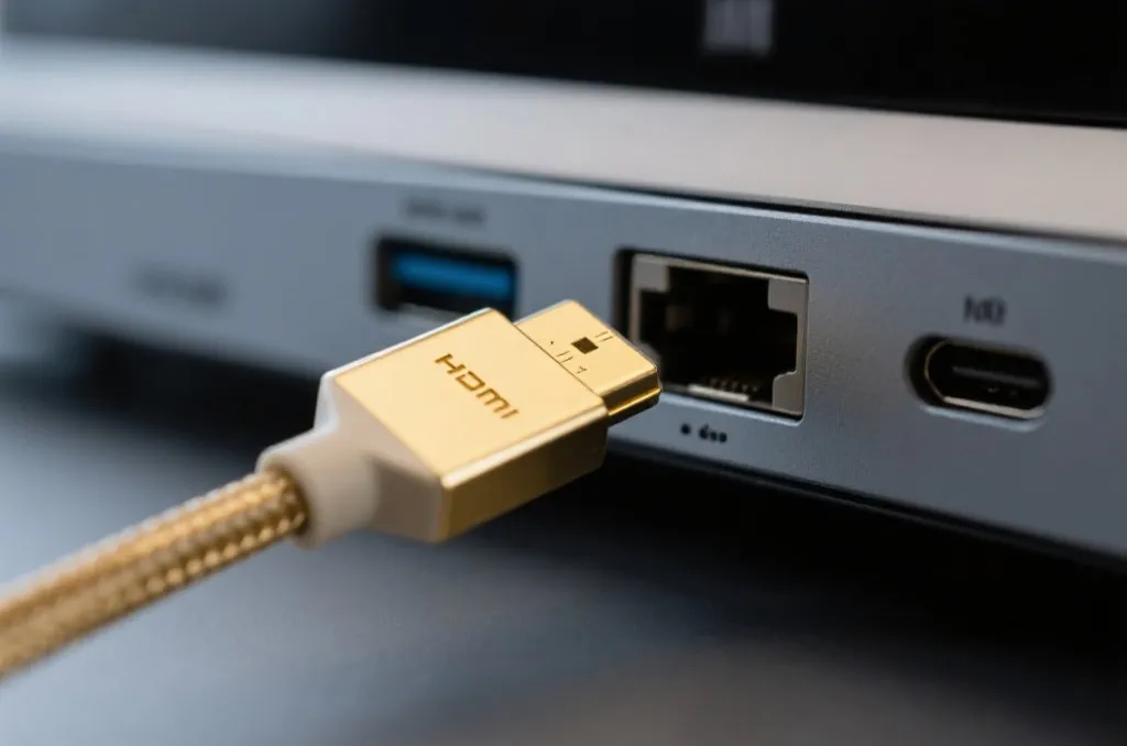 Close-up of a high-quality gold-plated HDMI cable connector next to a modern TV port, shallow depth of field